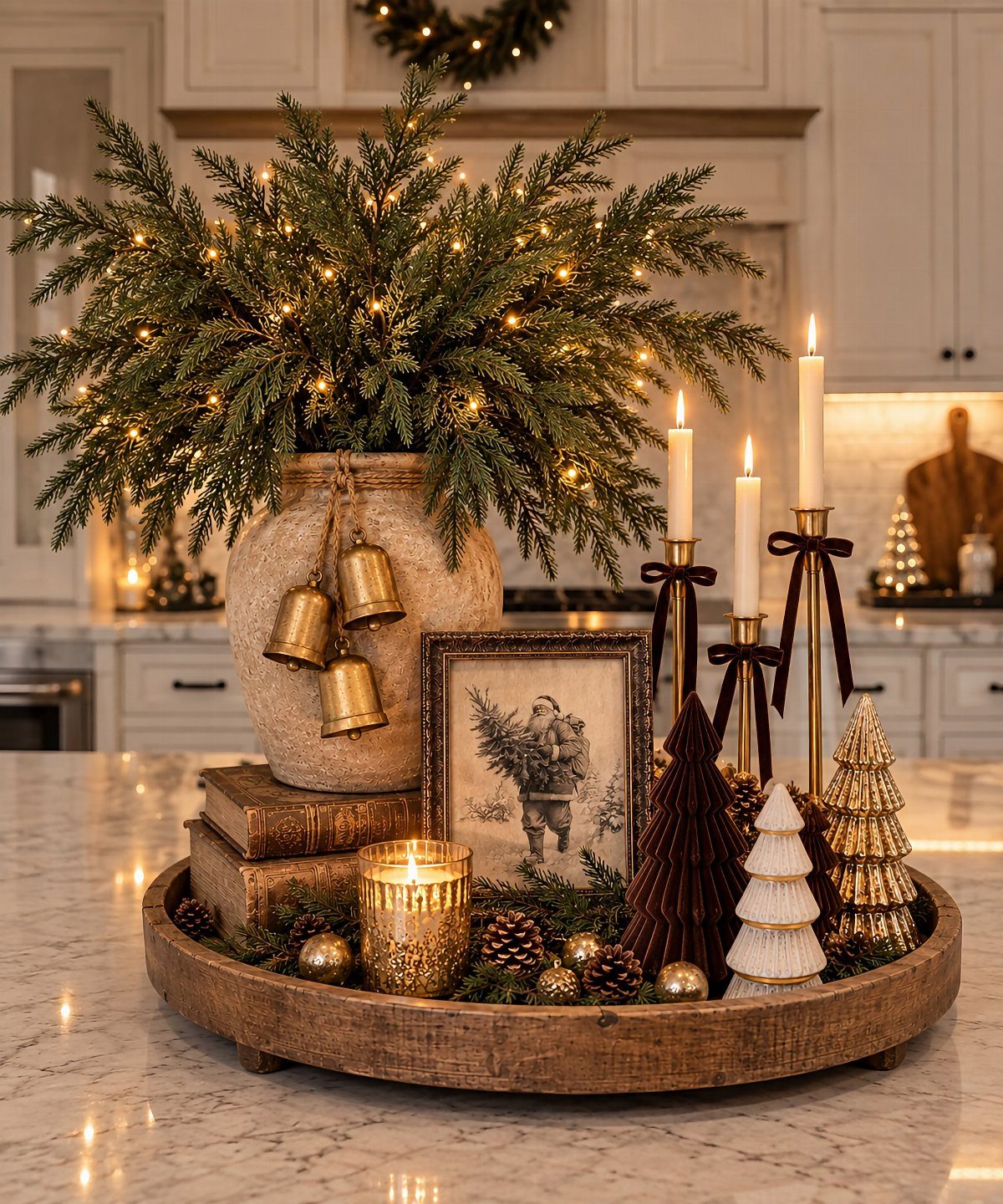Wooden tray with lit evergreen branches, gold bells, and miniature Christmas trees on marble.