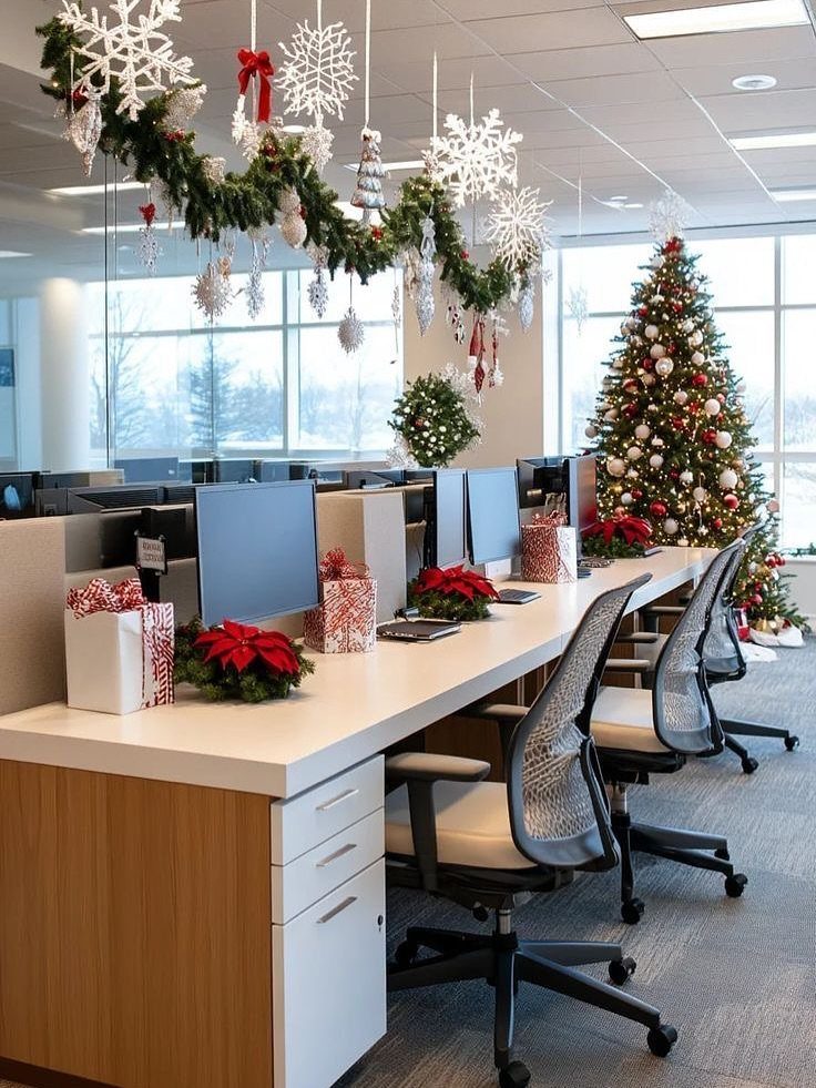 Office workspace decorated with a Christmas tree, hanging garland, and red poinsettias on desks.