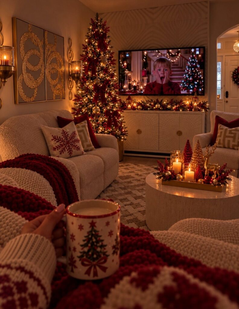 Cozy living room with a decorated Christmas tree, festive pillows, and a holiday mug.