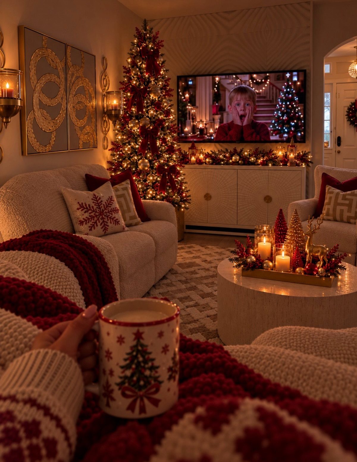 Cozy living room with a decorated Christmas tree, festive pillows, and a holiday mug.