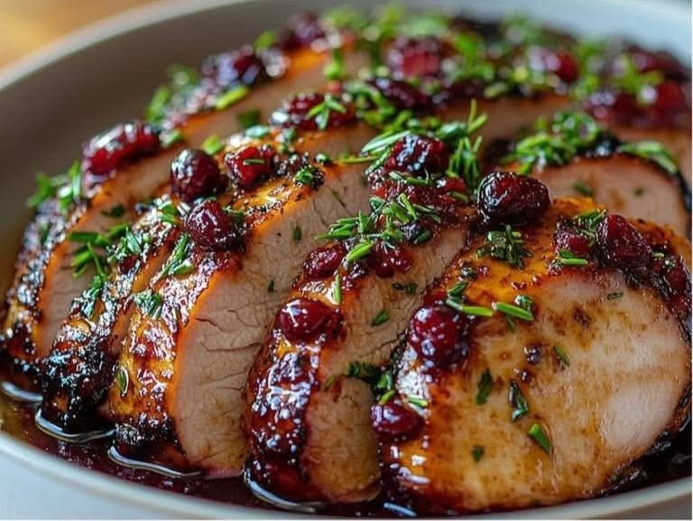 Sliced roasted turkey breast with a dark glaze, red cranberries, and fresh green herbs.