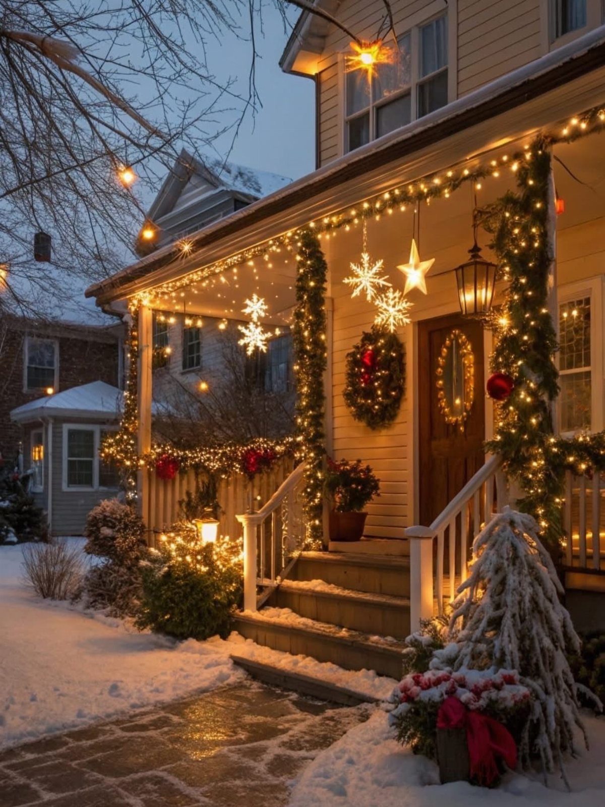 Decorated house porch with warm Christmas lights, stars, and a wreath in the snow