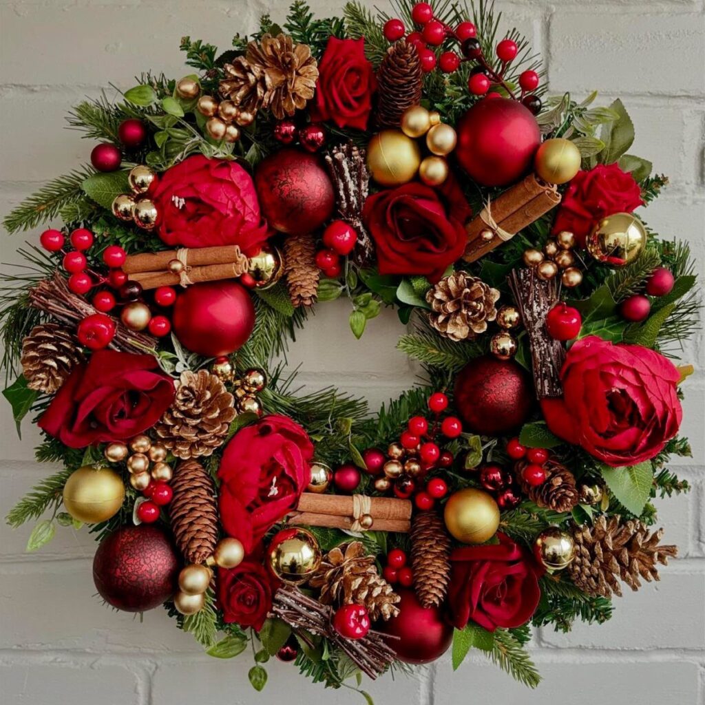 Christmas wreath with red roses, gold and red ornaments, and pinecones on white brick.
