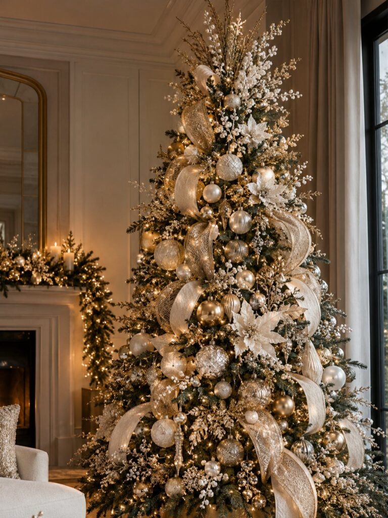 Decorated Christmas tree with gold and silver ornaments and white flowers in a living room.