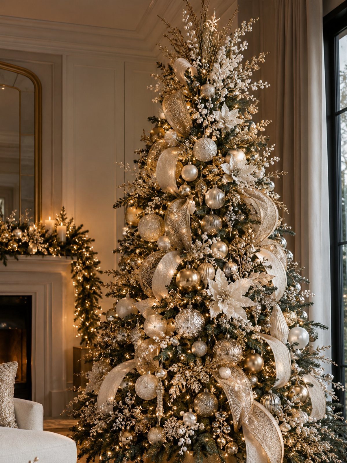 Decorated Christmas tree with gold and silver ornaments and white flowers in a living room.