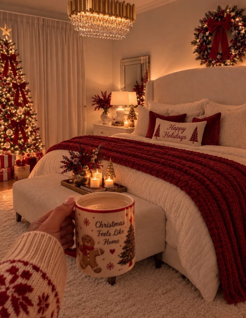 Cozy bedroom with Christmas tree, red bedding, and a person holding a festive mug.