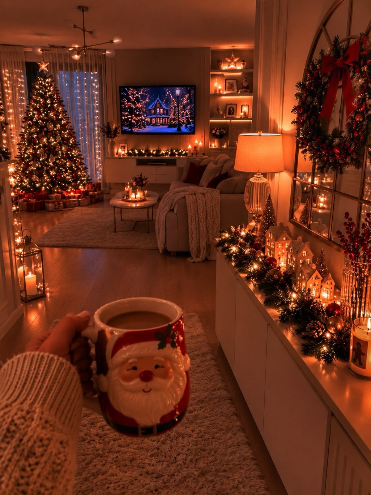 Cozy Christmas living room with a lit tree, warm lighting, and a Santa mug.