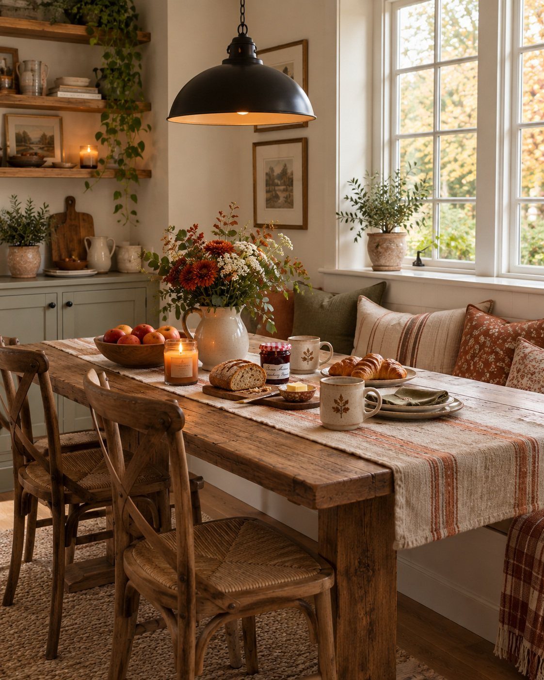 Rustic wooden dining table with a floral centerpiece and cozy cottage interior decor.