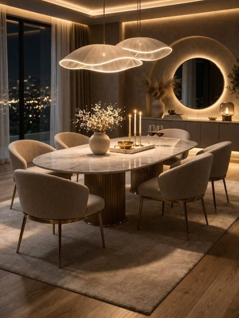 Modern dining room featuring a large circular mirror above a dark sideboard.