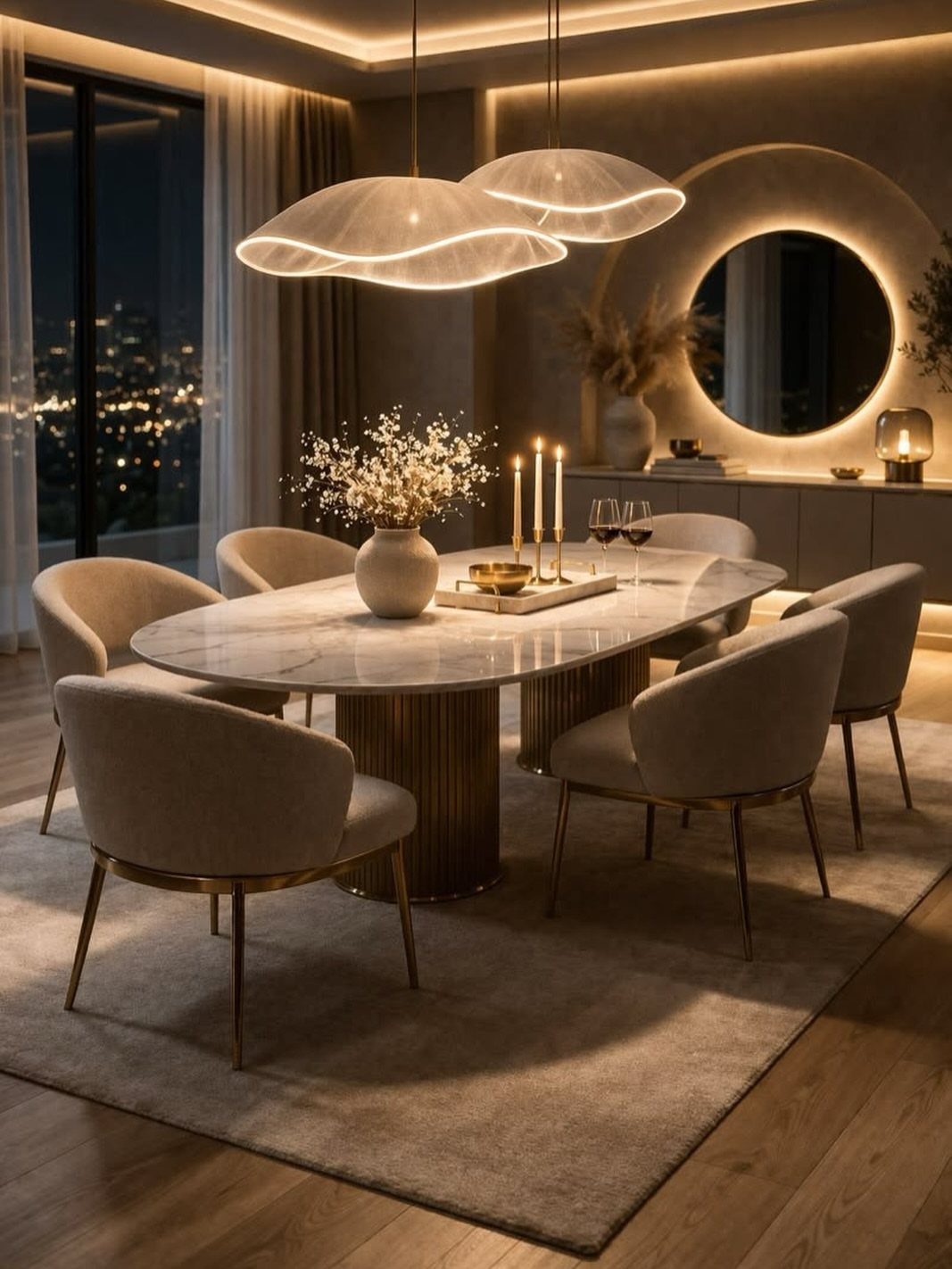 Modern dining room featuring a large circular mirror above a dark sideboard.