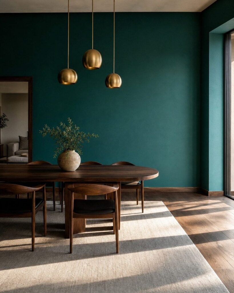 Modern dining room with deep teal walls, gold pendant lights, and wooden furniture.