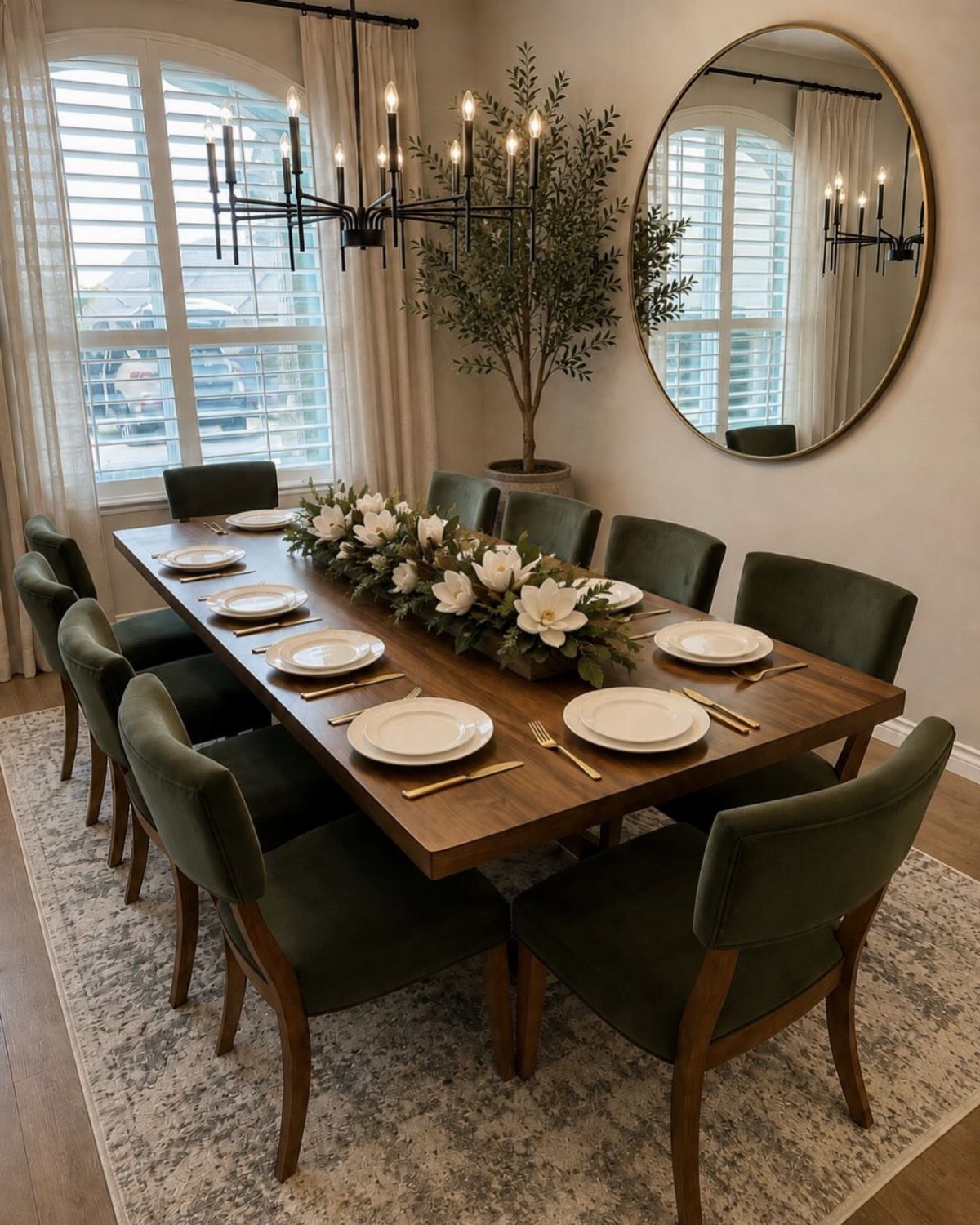 Rectangular wooden dining table with a long white floral centerpiece and green chairs.