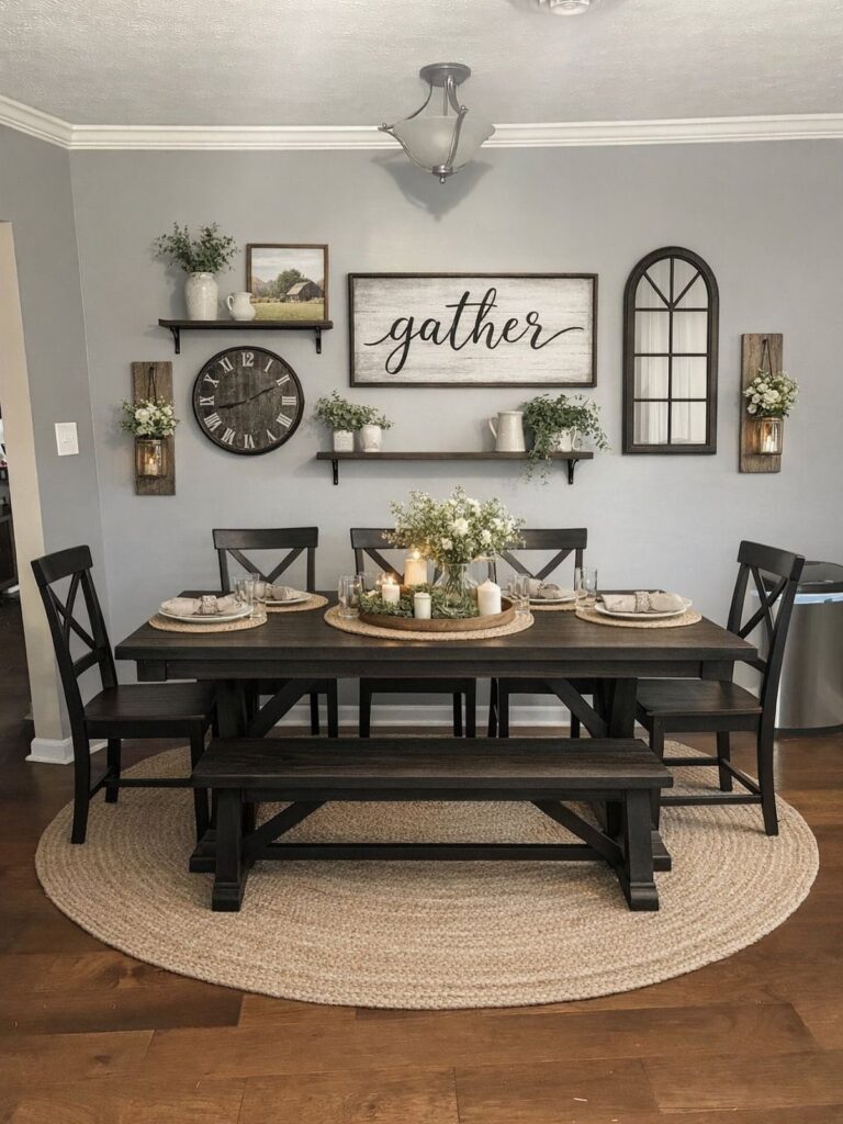 Dining room wall decor featuring a gather sign, clock, and rustic shelving on grey walls.