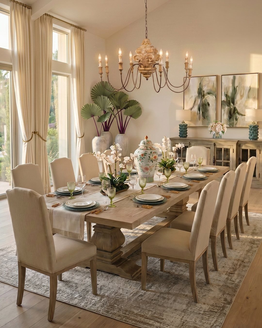 Wooden dining table with beige chairs and a matching buffet sideboard in a bright room