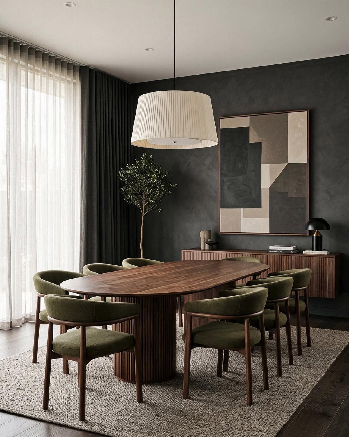 Oval dark wood dining table with green chairs on a rug and dark floors