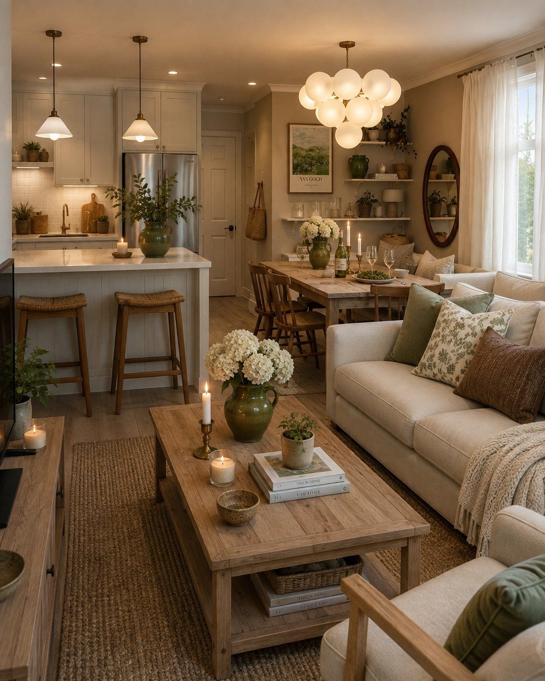 Wooden dining table and chairs positioned between a white kitchen and a cozy living room.