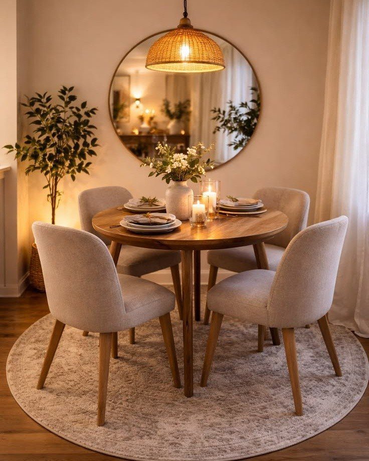 Round wooden dining table with beige chairs in a cozy, compact dining area.