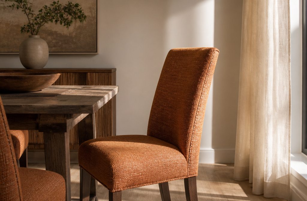 Various dining chairs upholstered in different fabrics around a dining table.