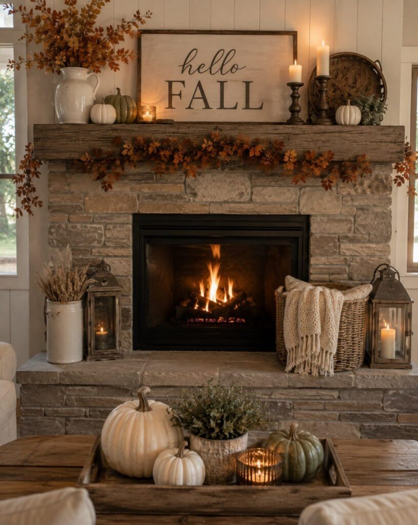 Stone fireplace mantel decorated with autumn leaves, pumpkins, candles, and a hello fall sign.