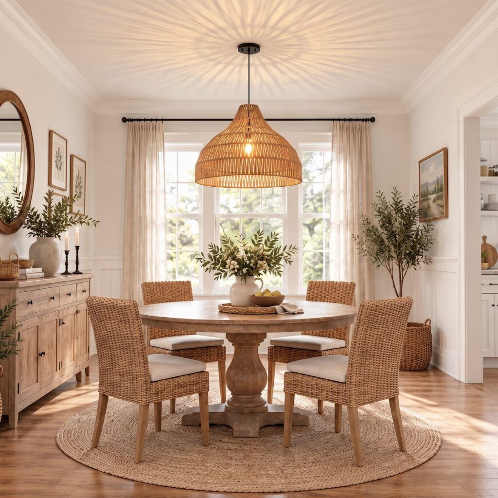 Woven bell-shaped pendant light hanging over a round wooden dining table and wicker chairs.