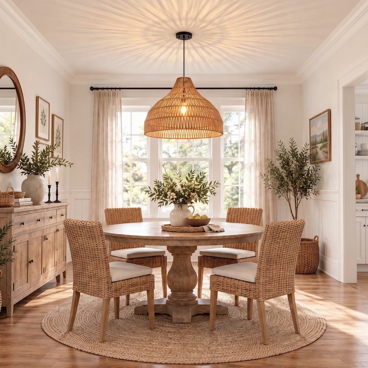 Woven bell-shaped pendant light hanging over a round wooden dining table and wicker chairs.