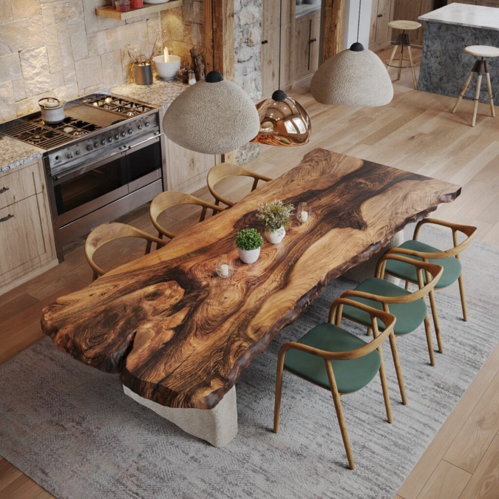 Live-edge solid wood dining table with green cushioned chairs in a modern kitchen.