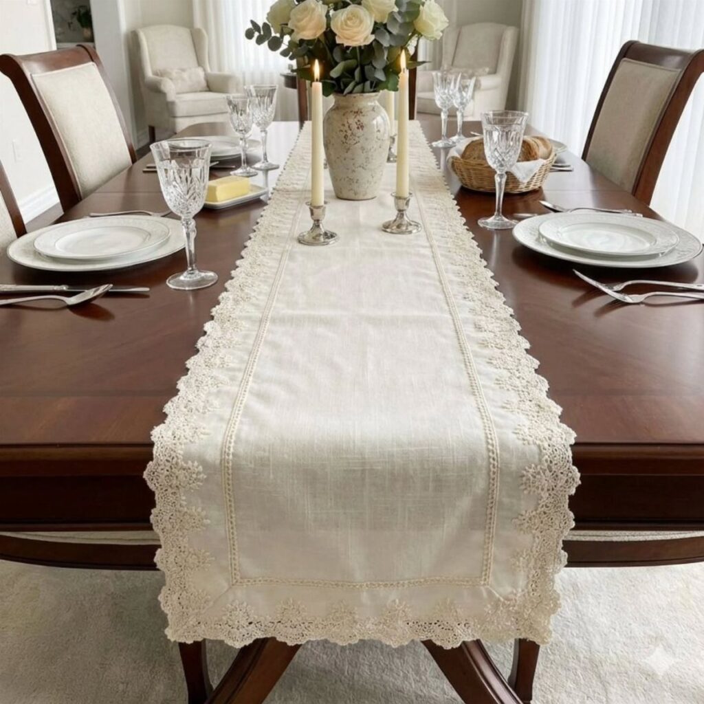 Cream lace table runner on a dark wood dining table with formal place settings.