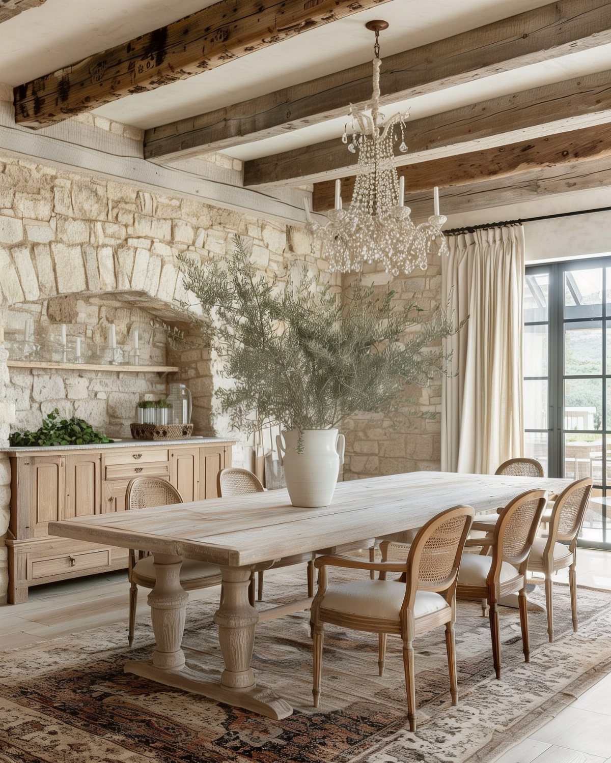Rustic dining room with a long wooden table, crystal chandelier, and stone walls.