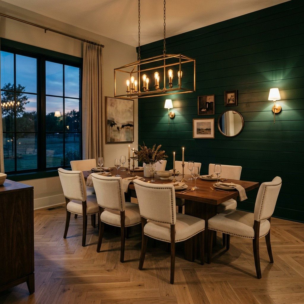 Dining room with dark green shiplap walls, wooden table, and white upholstered chairs.