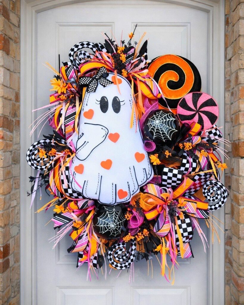 Halloween wreath with a large ghost and colorful ribbons on a white door
