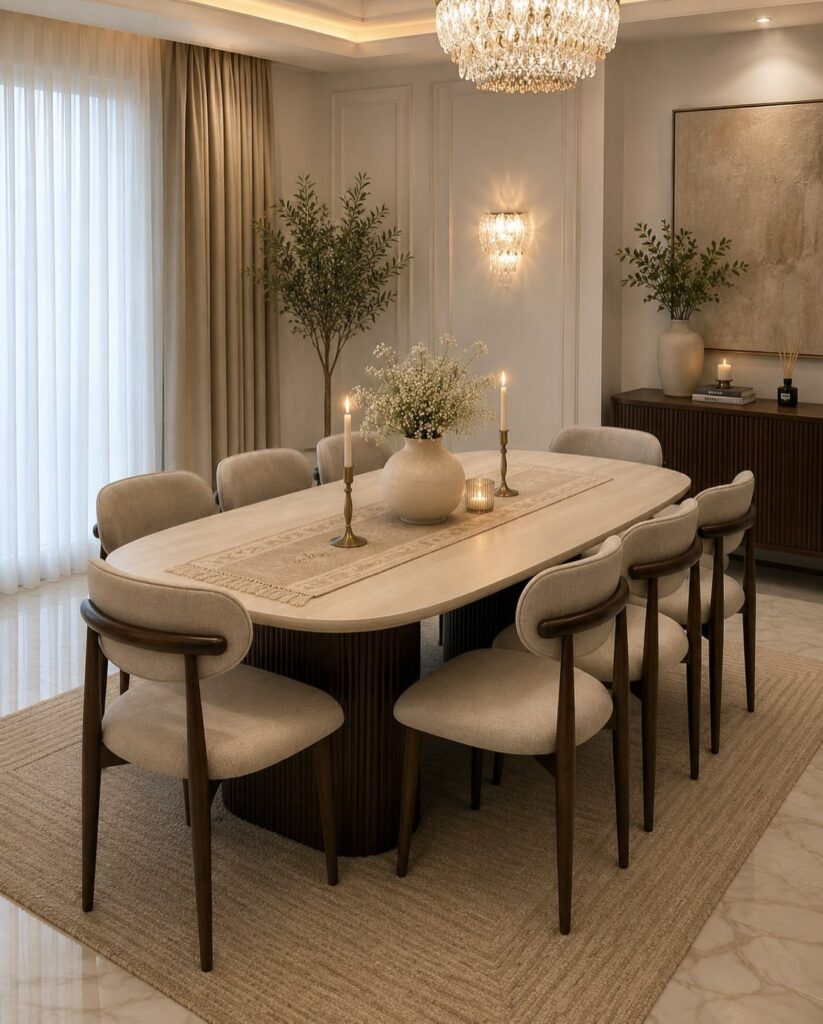 Oval white marble dining table with cream upholstered chairs in a neutral modern room.