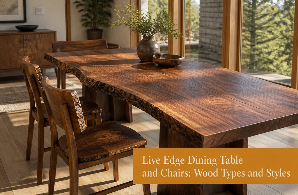 Live edge dining table highlighting the raw edge and unique wood grain.