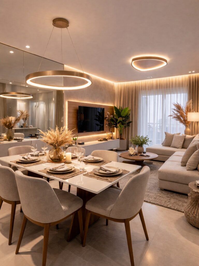 Dining table and living room area featuring two different circular ceiling light fixtures.