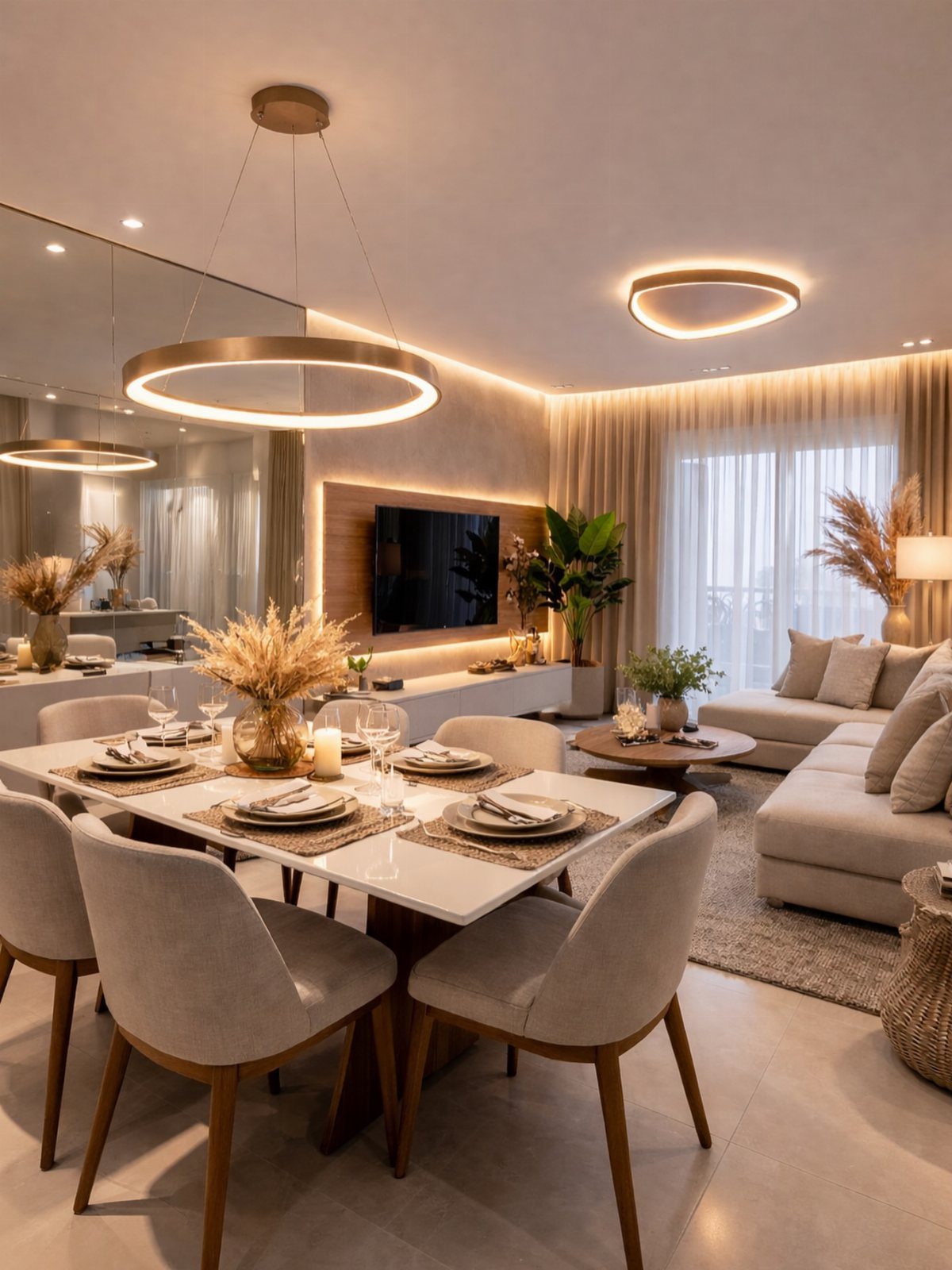Dining table and living room area featuring two different circular ceiling light fixtures.