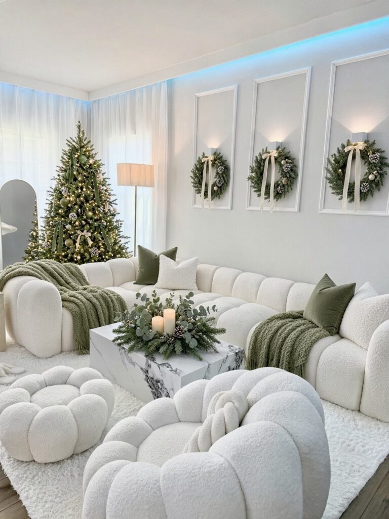 Modern white living room with a decorated Christmas tree and wreaths on the wall.