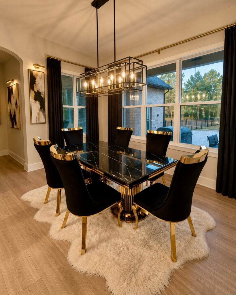 Rectangular black metal pendant light hanging over a black marble dining table