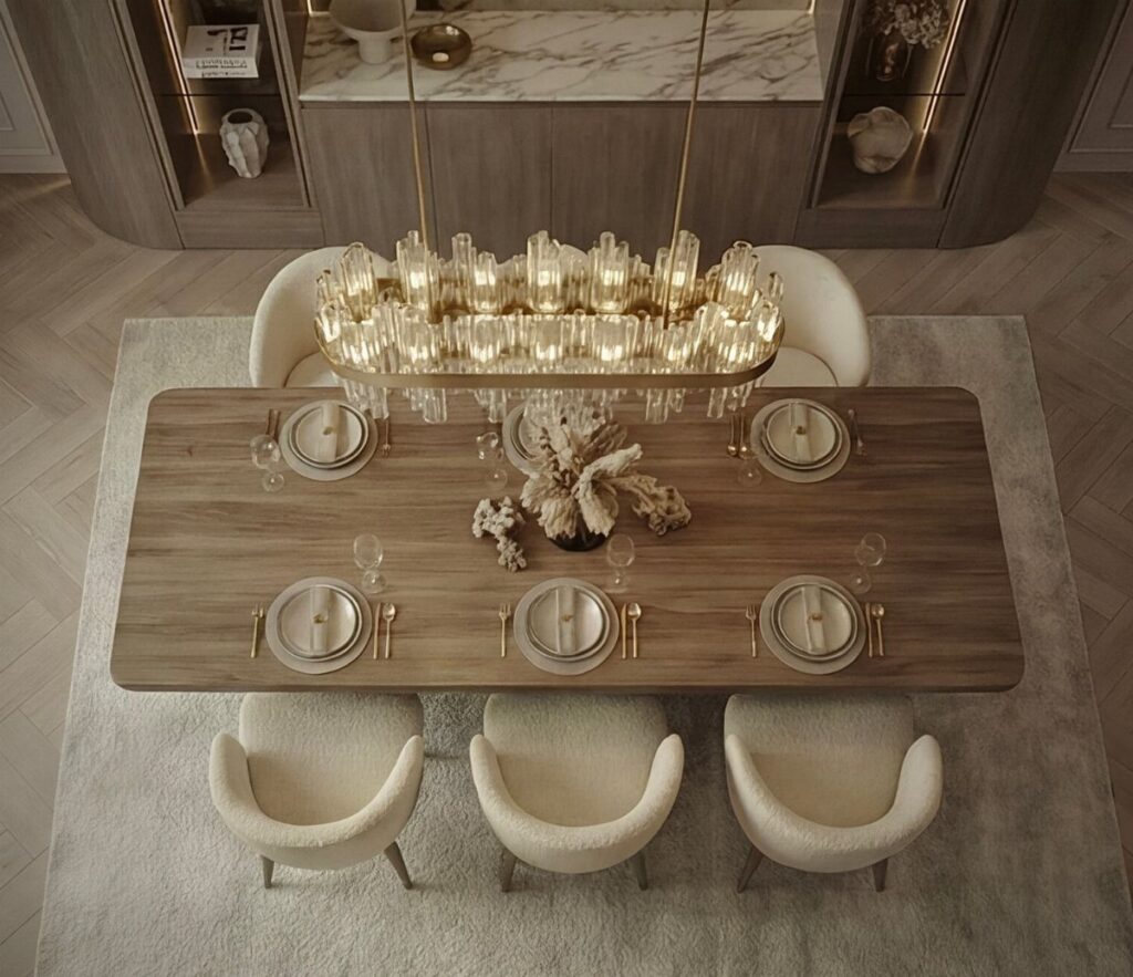 Wooden dining table with white chairs and a gold chandelier in elegant room