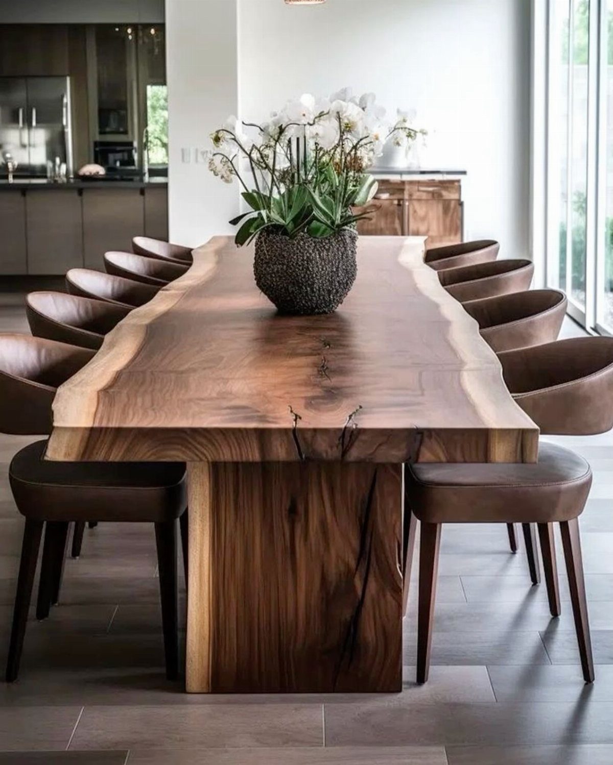 Live-edge wooden dining table with brown leather chairs and white orchids in vase.