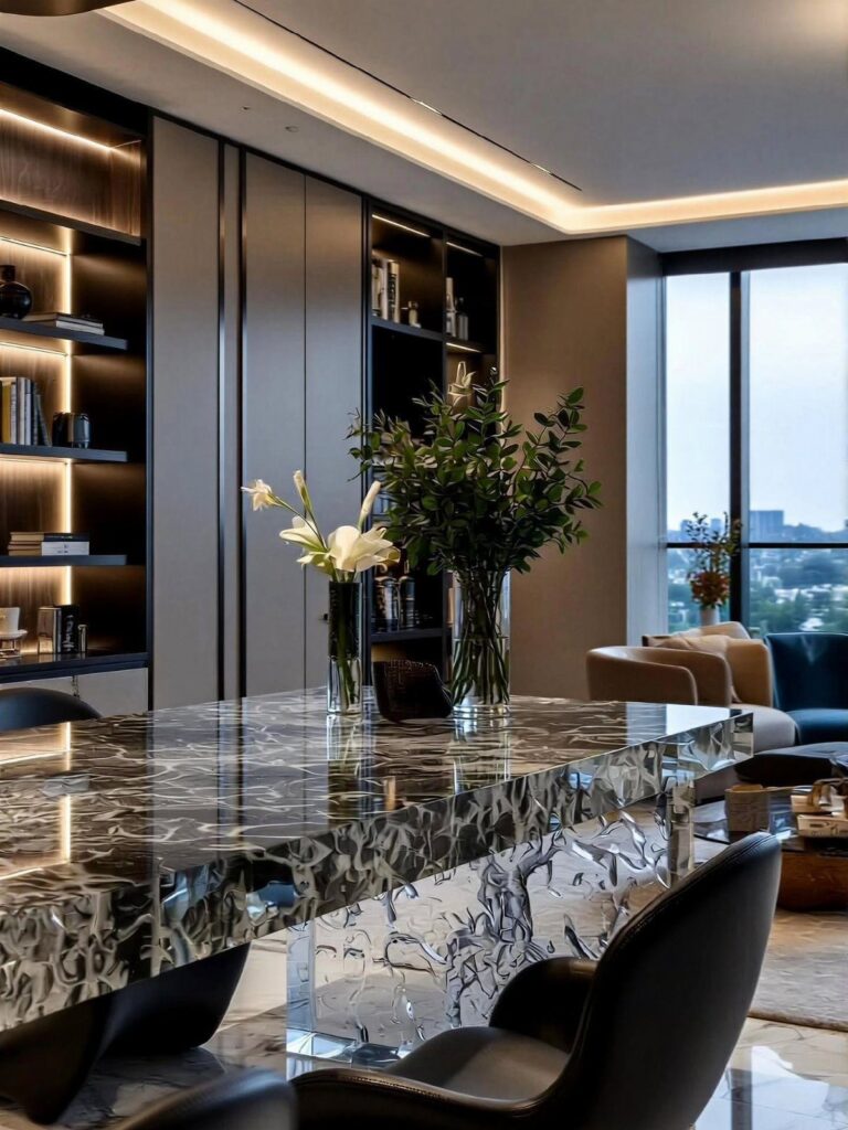 Marble dining table with black leather chairs in a modern luxury interior