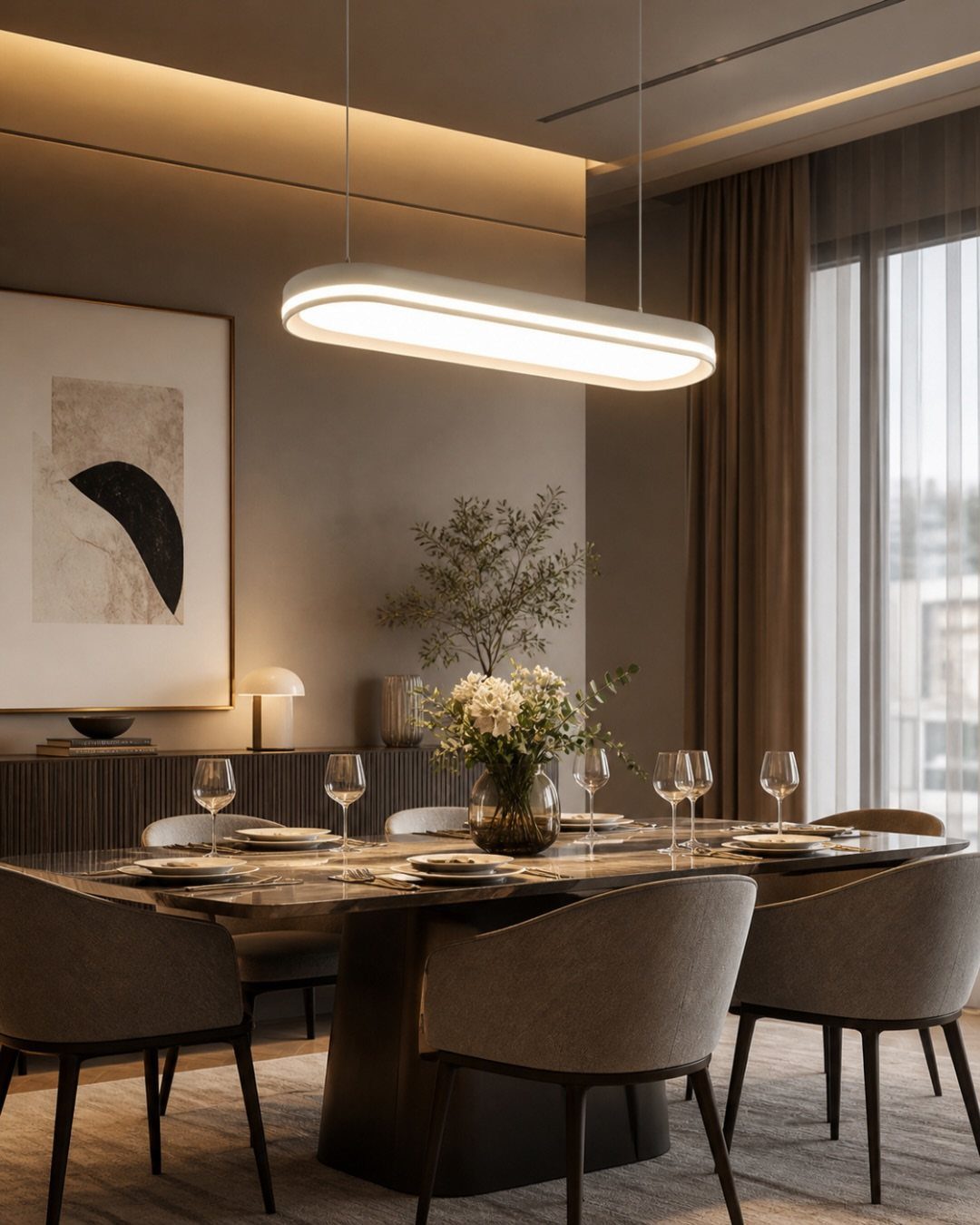 Oval white minimalist pendant light hanging over a dark marble dining table.