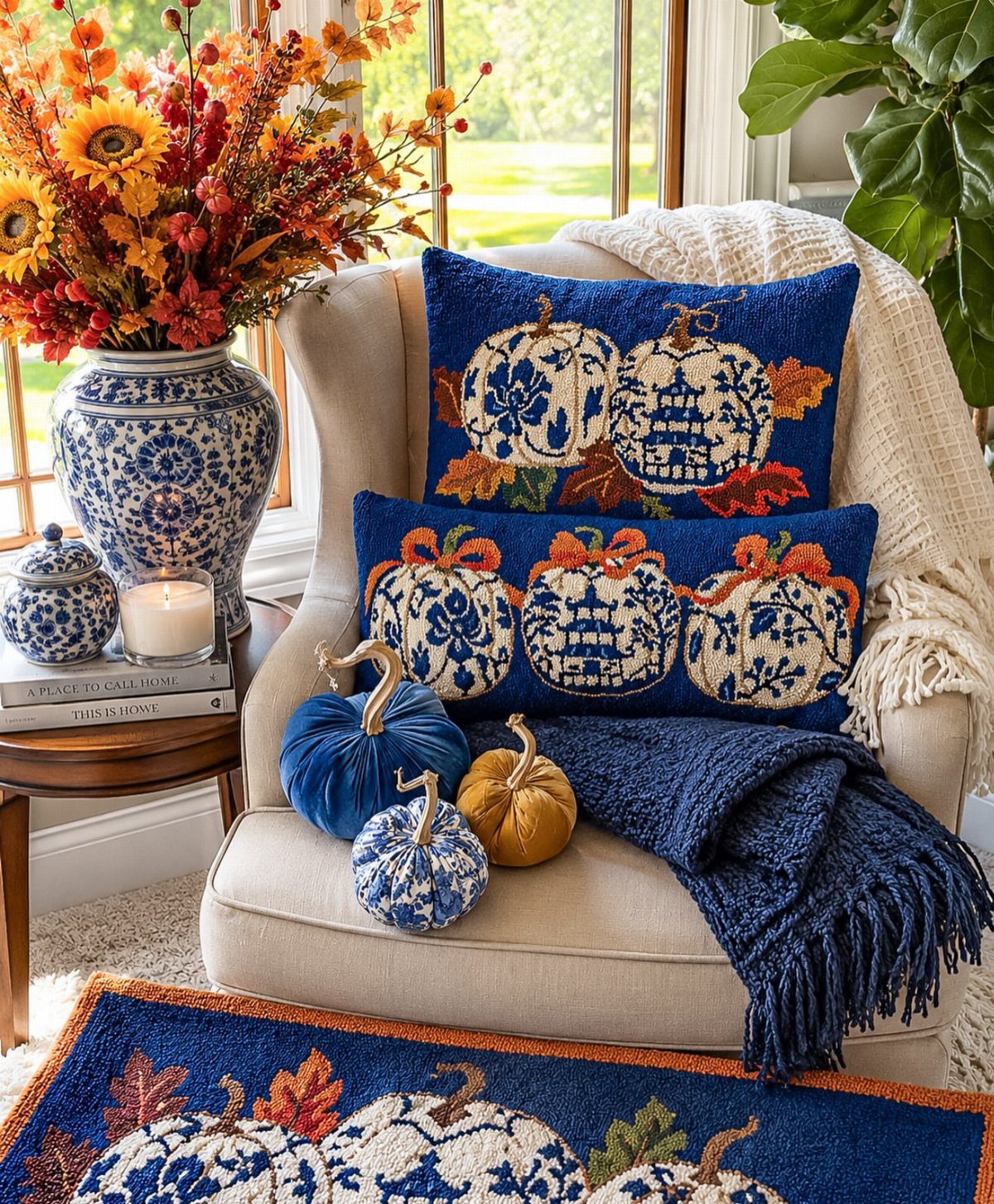 Navy blue fall decor featuring pumpkin pillows, a throw blanket, and autumn flowers.