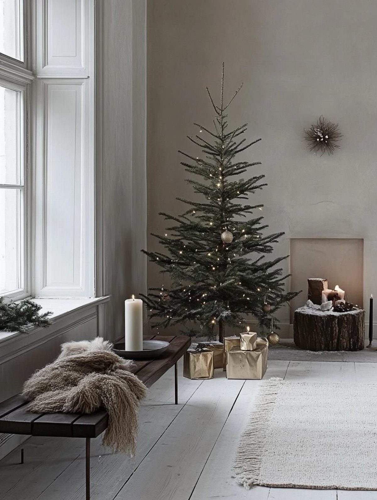 Minimalist Christmas tree with gold ornaments in a neutral toned, modern living room.