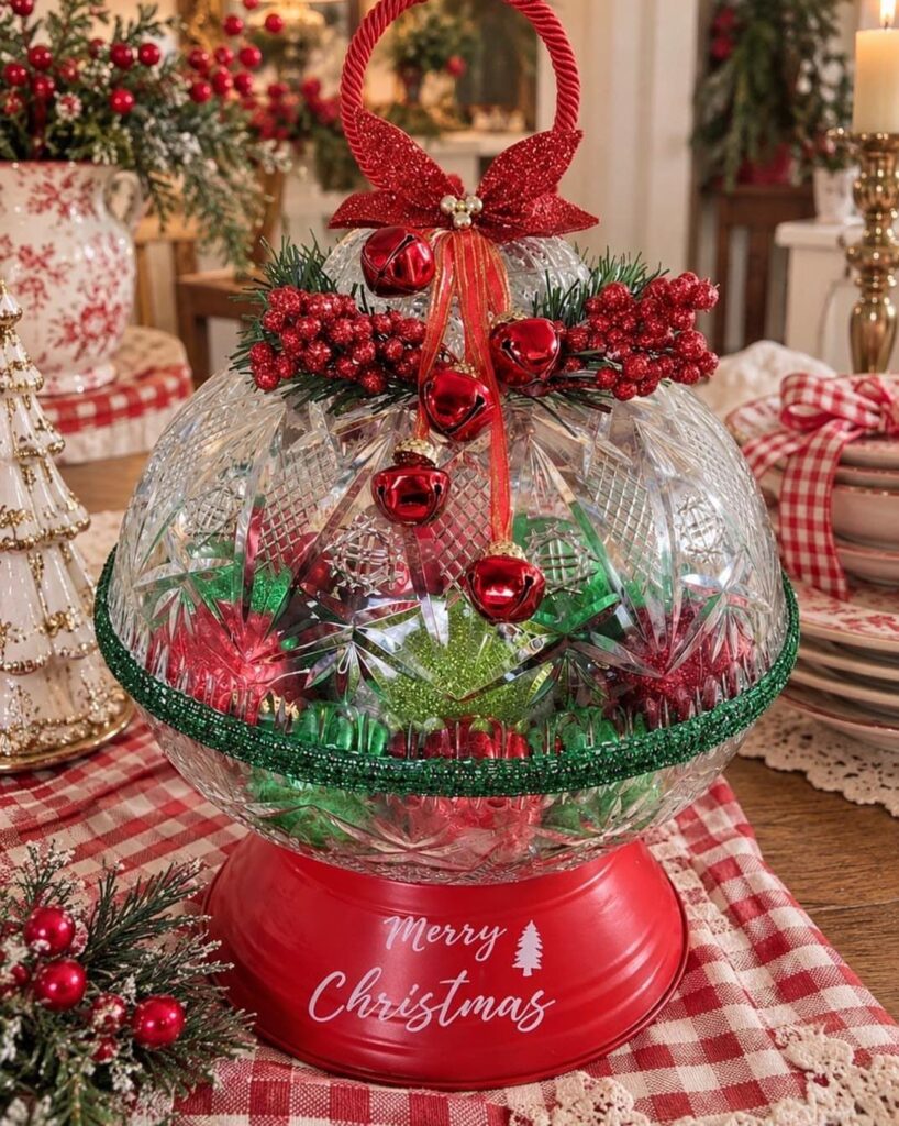 Glass bowl filled with red and green ornaments on a red Christmas base.