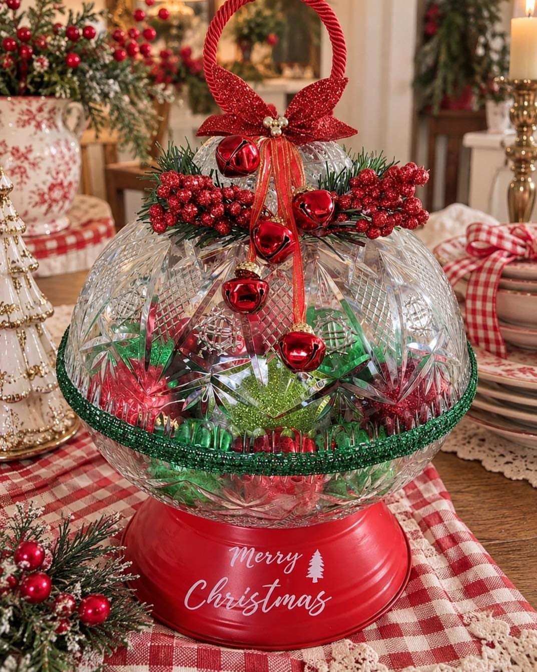 Glass bowl filled with red and green ornaments on a red Christmas base.