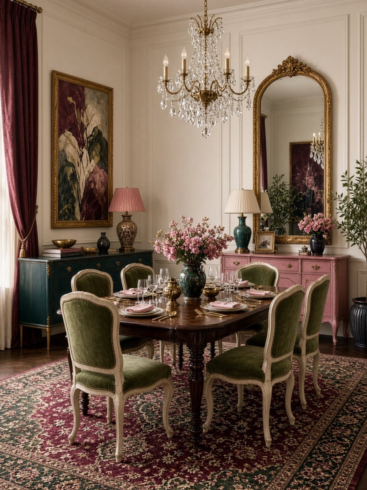 Opulent dining room with green velvet chairs, crystal chandelier, and gold-framed mirror.