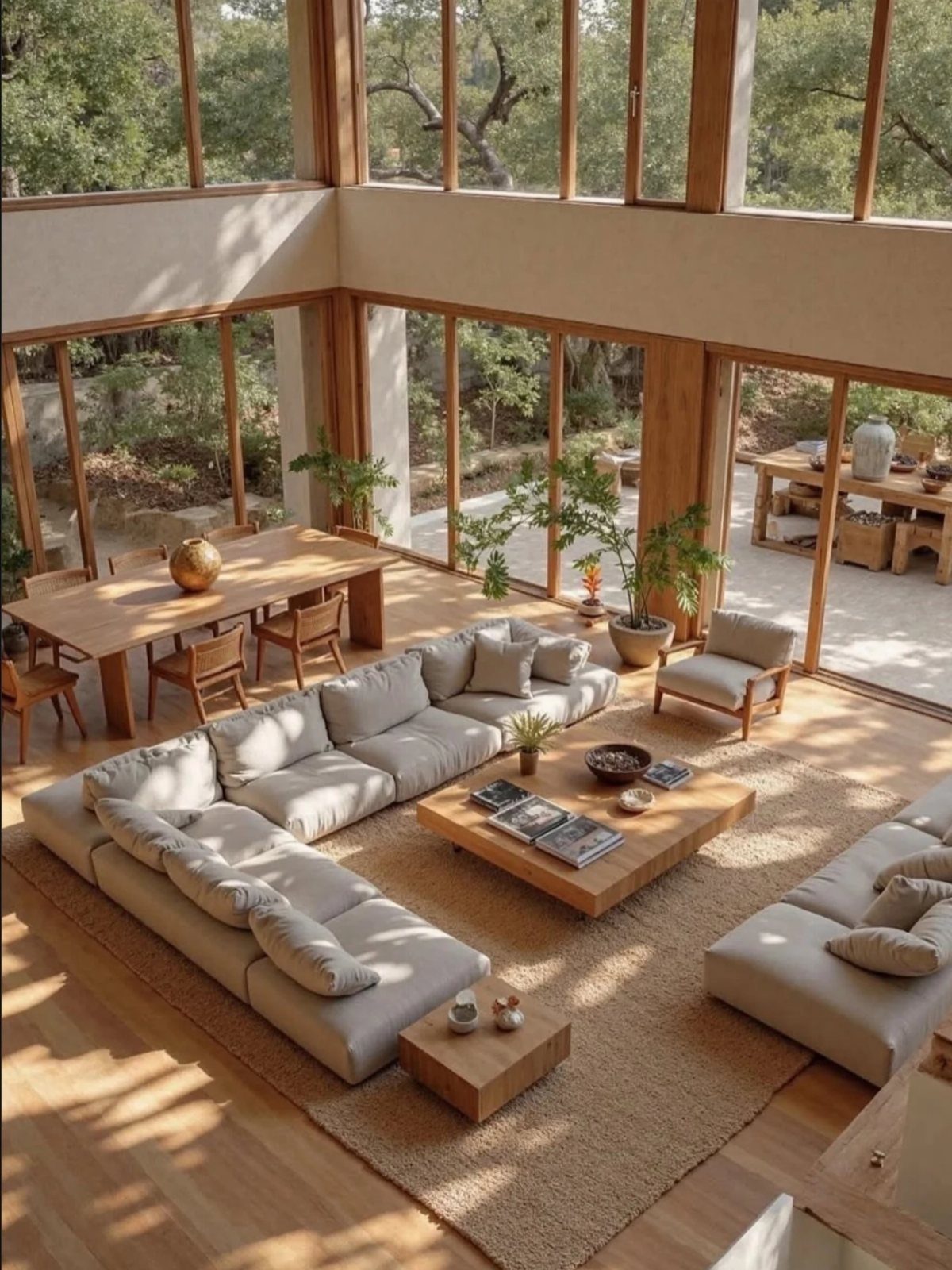 Open concept living and dining room with large windows and neutral wooden furniture