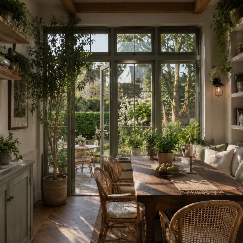Rustic dining room with wooden table, rattan chairs, and various indoor potted plants.