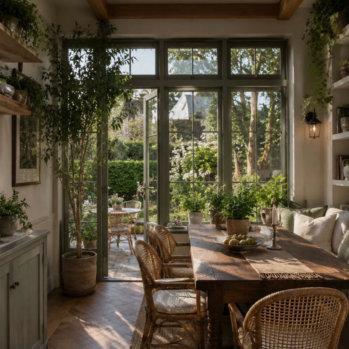 Rustic dining room with wooden table, rattan chairs, and various indoor potted plants.