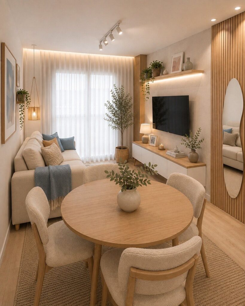 Round wooden dining table with cream chairs in a modern, neutral-toned living room.