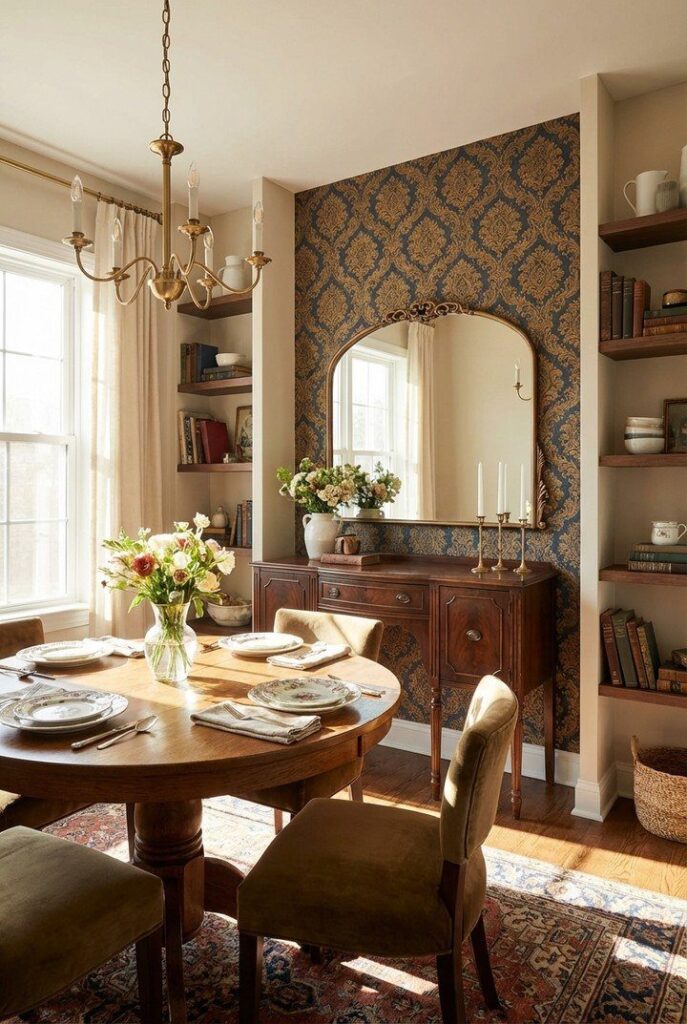 Round wooden dining table with floral centerpiece and place settings in a cozy room.